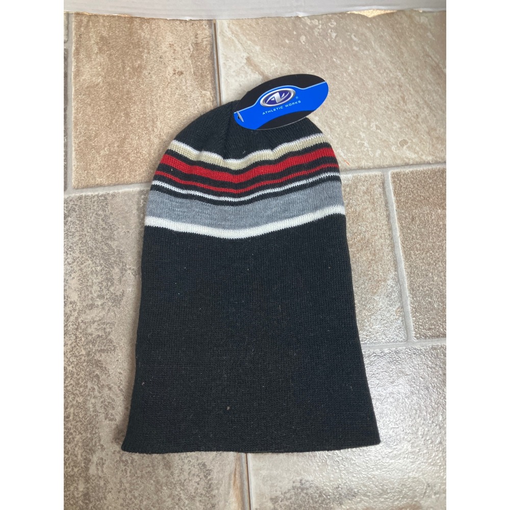 Athletic Works Knit Beanie Hat Black Red White Gray Stripes One Size Winter Warm